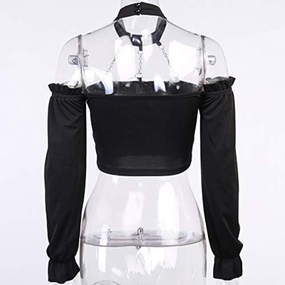 Dark Punk Crop Top with Chains Women Off Shoulder Long Sleeve Solid - Picture 6 of 6